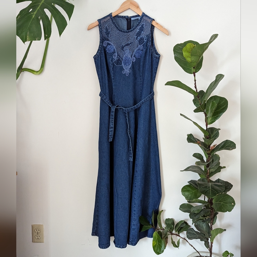 Newport News Blue Denim Midi Dress with Embroidered Yoke - Picture 3 of 12